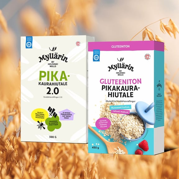 Myllärin pikakaurahiutale-tuotepakkaukset kaurapellolla